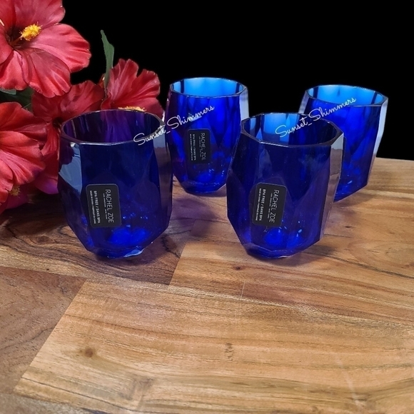 NEW RACHEL ZOE 4pc set COBALT BLUE ACRYLIC CRYSTAL TUMBLER Drink GLASSES New - Picture 1 of 4